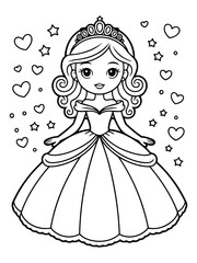Fototapeta premium Princess in Fairytale: An elegant illustration depicts a charming princess adorned in a magnificent gown, a regal tiara, and surrounded by symbols of love and wonder.