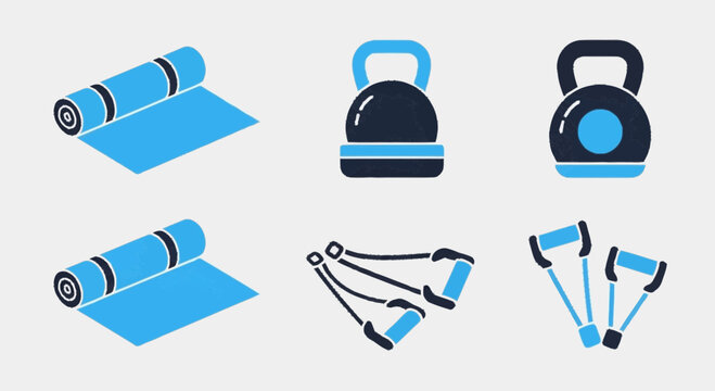 Collection of fitness equipment including yoga mats, kettlebells, resistance bands, and hand grips