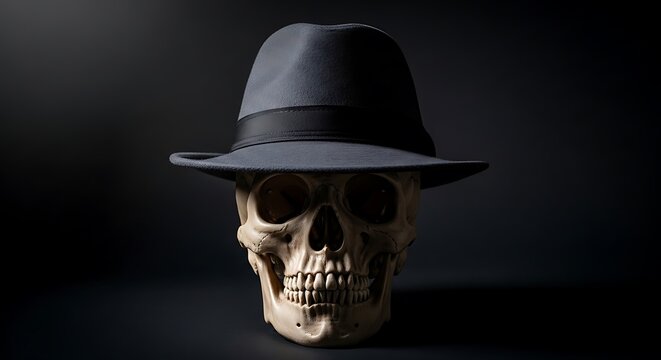 Skull with fedora hat on dark background symbolic of mortality and life