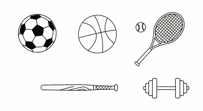 Collection of sports equipment including a soccer ball, basketball, tennis racket, baseball bat, dumbbell, and tennis ball