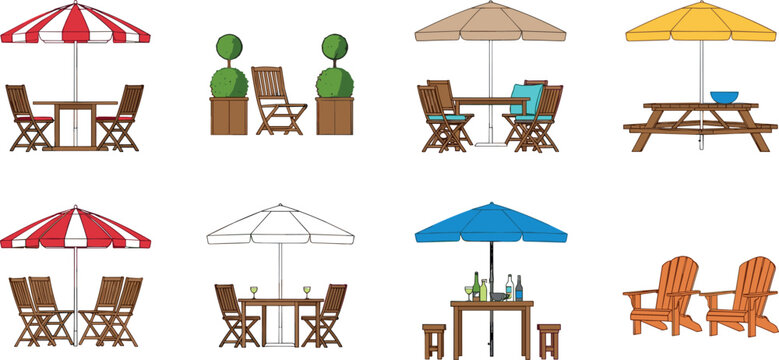 Outdoor patio furniture set with umbrellas wooden chairs tables picnic setup and garden seating illustration collection isolated