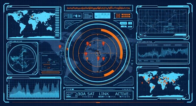 Futuristic digital world map interface with global data tracking