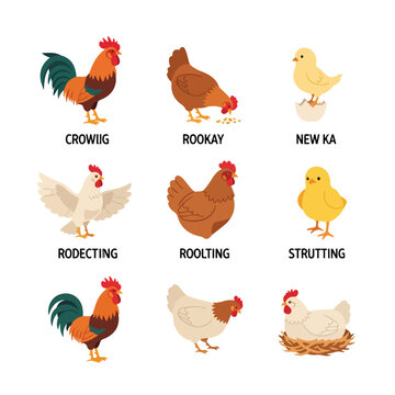 Vector illustration set featuring various poultry characters including a crowing rooster, a hen pecking seeds, a hatching chick, a white hen with wings spread, and a hen on a nest.