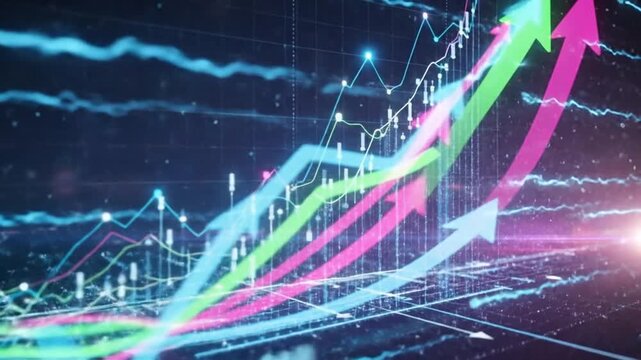 Abstract digital financial growth chart with arrows and data visualization.