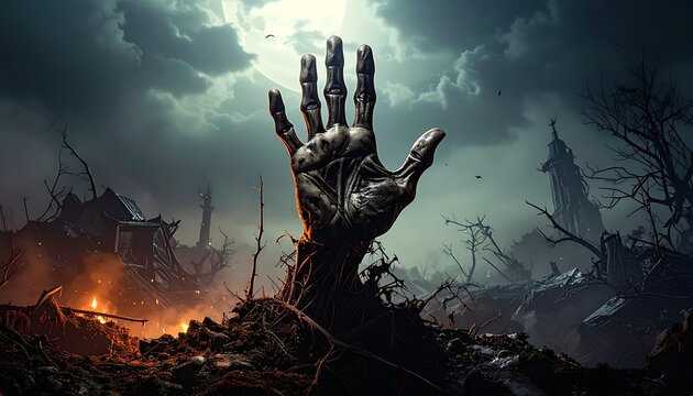 A hauntingly dark scene with a skeletal hand