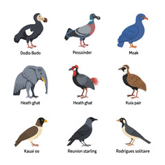 Fototapeta premium Vector collection of nine extinct bird species illustrations including the dodo, passenger pigeon, moa, elephant bird, huia, Kauai oo, reunion starling, and Rodrigues solitaire.
