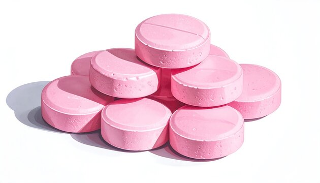Stack of pink pills against white background
