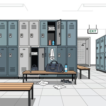 A cluttered school locker room with open lockers and benches
