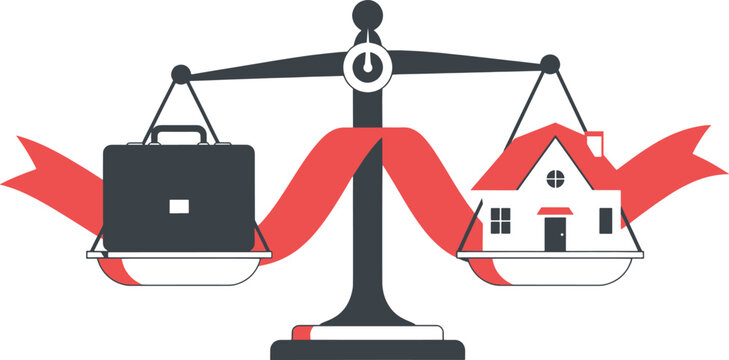 Worklife balance concept with a briefcase and a house on a scale