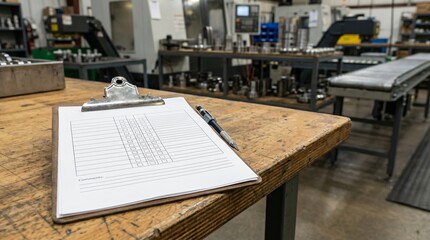 Fototapeta premium Clipboard checklist and pen on a wooden workbench within a manufacturing facility