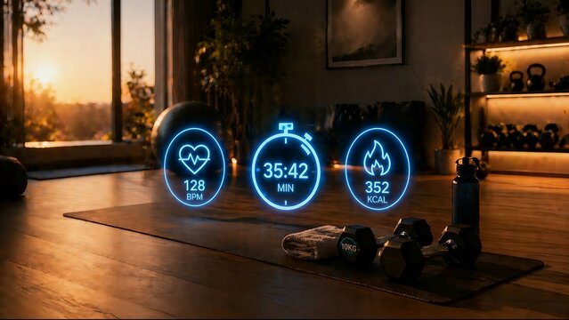 Home gym interior with glowing fitness tracker icons and exercise equipment