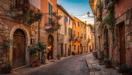 Fototapeta premium Charming Cobblestone Street in a Quaint Village