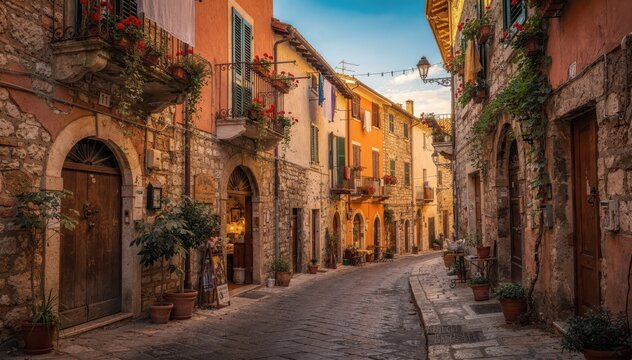 Charming Cobblestone Street in a Quaint Village