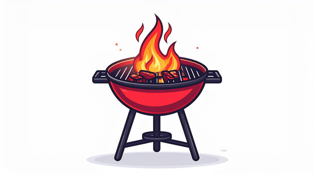 Red grill with burning food and flames on white background. grill, barbecue, BQ