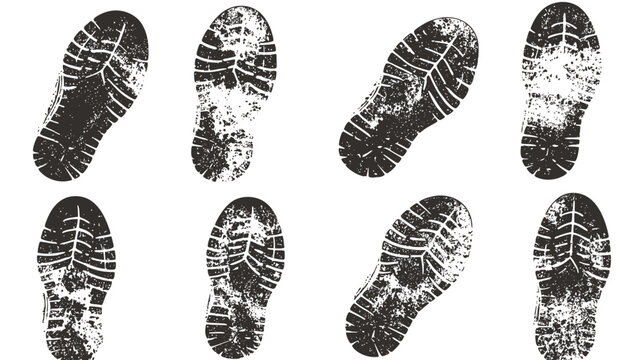 Collection of eight distinct boot footprints on a white background.