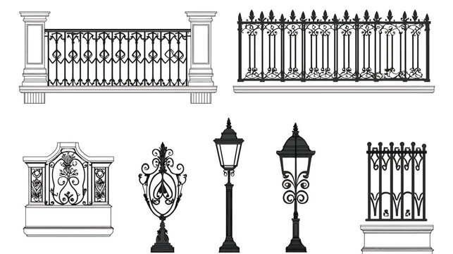 Collection of Ornate Architectural Elements and Street Lamps.