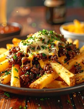A plate of loaded fries with cheese and herbs
