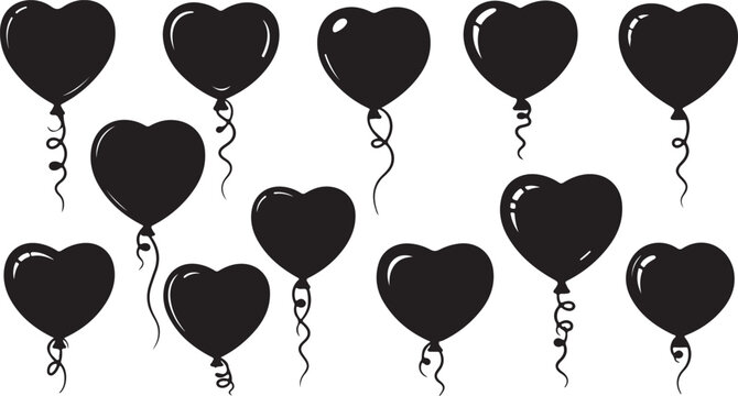 Black heart balloons vector collection, set of 11 romantic balloon silhouettes with ribbons, decorative love symbols for wedding and party design