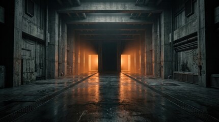 Fototapeta premium Dark Futuristic Industrial Corridor with Mysterious Glowing Orange Light, Reflective Wet Floor, and Gritty Concrete Walls, Evoking Sci-Fi Dystopian Atmosphere