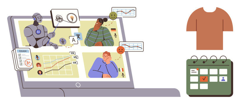 Online education, artificial intelligence, study tools, student schedules, virtual classrooms, academic performance. Laptop displaying AI tutor, students progress charts. Online education
