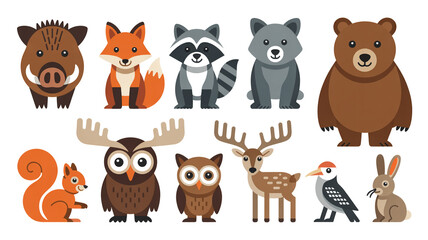 Fototapeta premium A collection of funny cartoon animal vector illustrations featuring a wild safari lion, giraffe, and tiger alongside cute farm sheep, cow, and pig character heads for a baby zoo icon set