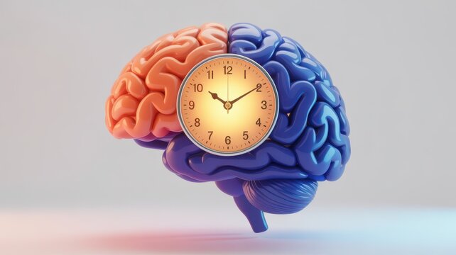 3D rendering of human brain with glowing clock representing time management and cognitive function