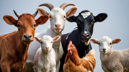 Fototapeta premium A group of cute goats and a herd of livestock graze on the green grass of a farm pasture, featuring domestic white and brown animals in a natural agriculture setting