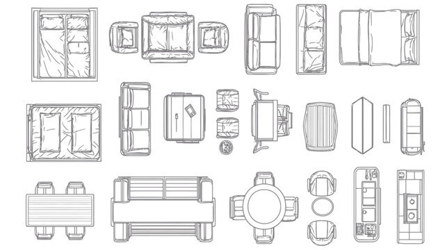 Topdown view of various furniture pieces in a blueprint style.