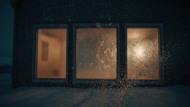 極夜の猛吹雪・北極基地の窓明かりと暗黒の嵐映像