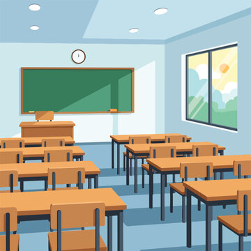 A cartoon empty classroom with desks and a green chalkboard