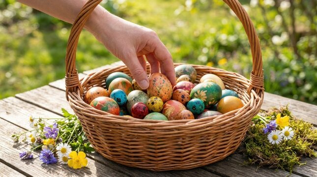Hand reaching into wicker basket with Easter eggs