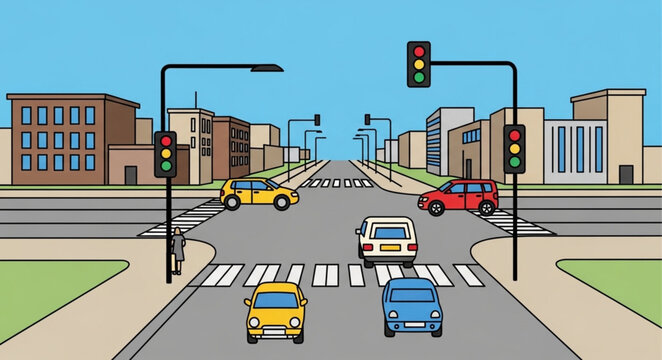 City intersection with traffic lights and cars driving.