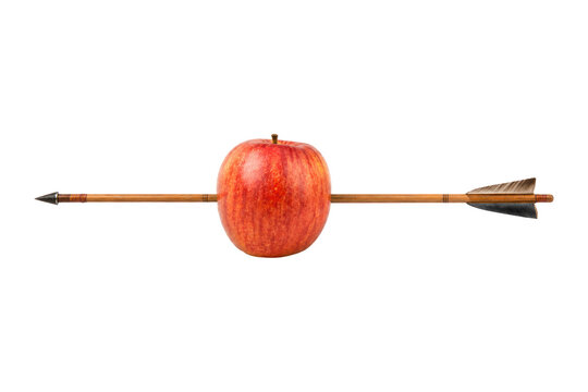 A wooden arrow piercing a red apple isolated on a clean background, symbolizing precision, focus, success, and achievement.