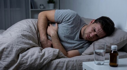 Obraz premium Man lies in bed clutching stomach discomfort