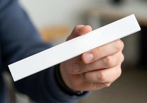 Person holding a blank white long thin rectangular cardboard box mockup
