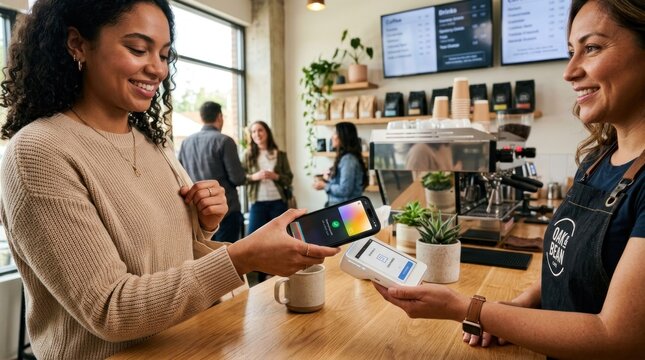 A woman in a black apron smiles as she uses a smartphone to make a contactless payment at a coffee shop.