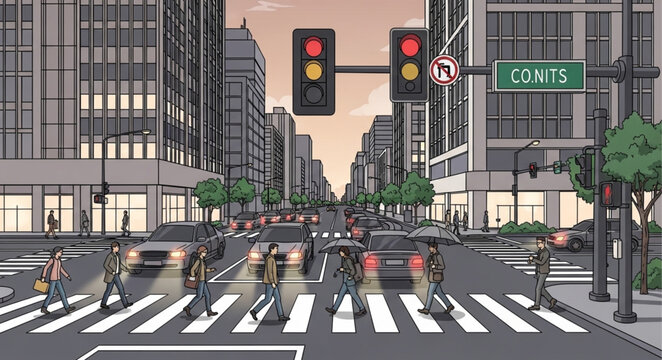 Busy City Street with Traffic Lights and Pedestrians Crossing.