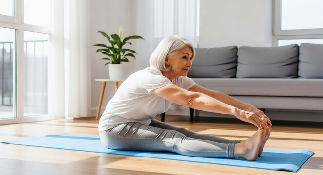 Serene senior woman stretching on a yoga mat in her bright home, embodying a commitment to active living and well-being for a healthy, vibrant life
