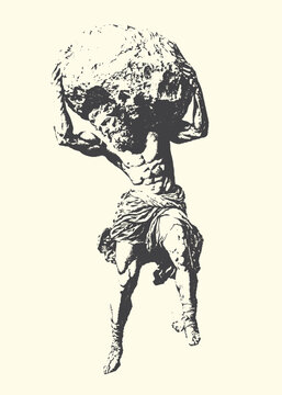 Classical sculpture of atlas carrying the heavens with sculpture carrying classical mythology engraving muscular architectural artistic monochrome silhouette composition creativity