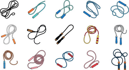 Skipping rope collection with various jump rope designs for fitness cardio training exercise equipment colorful vector illustration set © Abul