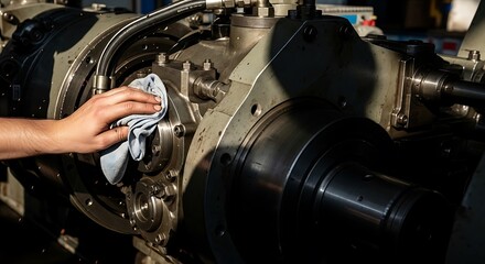 Fototapeta premium Technician cleaning heavy industrial machinery part with cloth