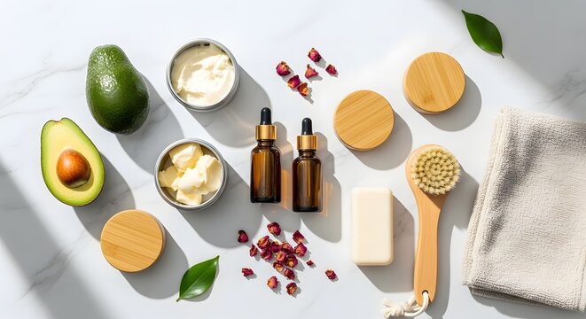 Natural Organic Skincare Products Flat Lay with Avocado, Shea Butter, Essential Oils, and Spa Accessories on Marble Background