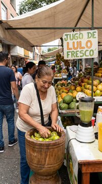 Smiling Woman Preparing Fresh Lulo Juice at a Vibrant Latin American Street Market