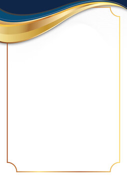 Elegant gold and blue wave design on white background with ornate border frame