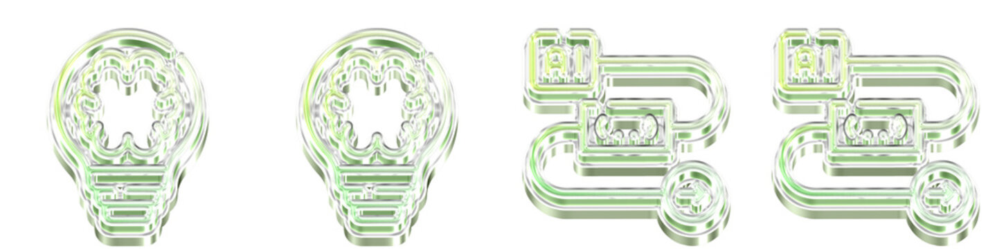 Isolated 3D translucent aiidea innovation generate concept thinking, aiidea innovation generate concept thinking, and ai pipe line pro ces icons with green teal gradient.