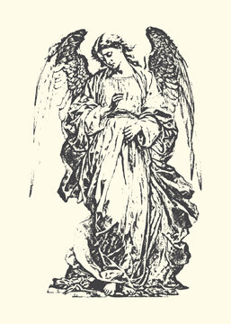 Angel statue standing holding hands sculpture mythology classical guardian tranquility heavenly illustration decoration monochrome iconography symbolic ethereal religious spiritual