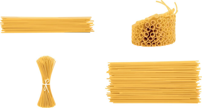 Spaghetti pasta set with bundles and stacks, uncooked Italian noodles ingredient vector illustration isolated on white background