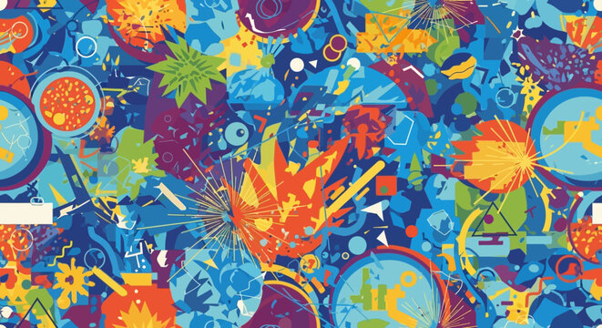 Vibrant Abstract Pattern with Geometric Shapes and Explosions