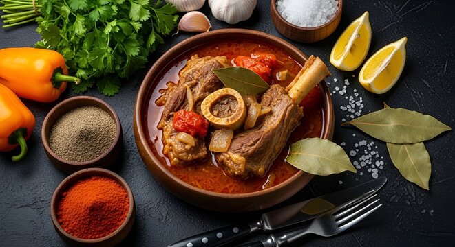 Delicious Osso Buco Dish with Fresh Herbs and Spices Presentation for Culinary Magazines and Restaurant Menus Top View Studio Shot Meal Concept
