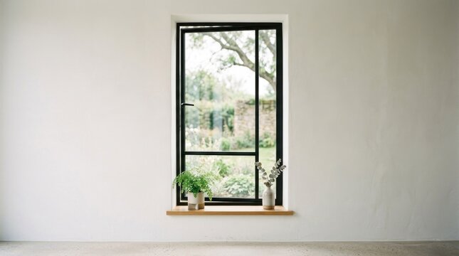 A minimalist white room with a black window frame, 